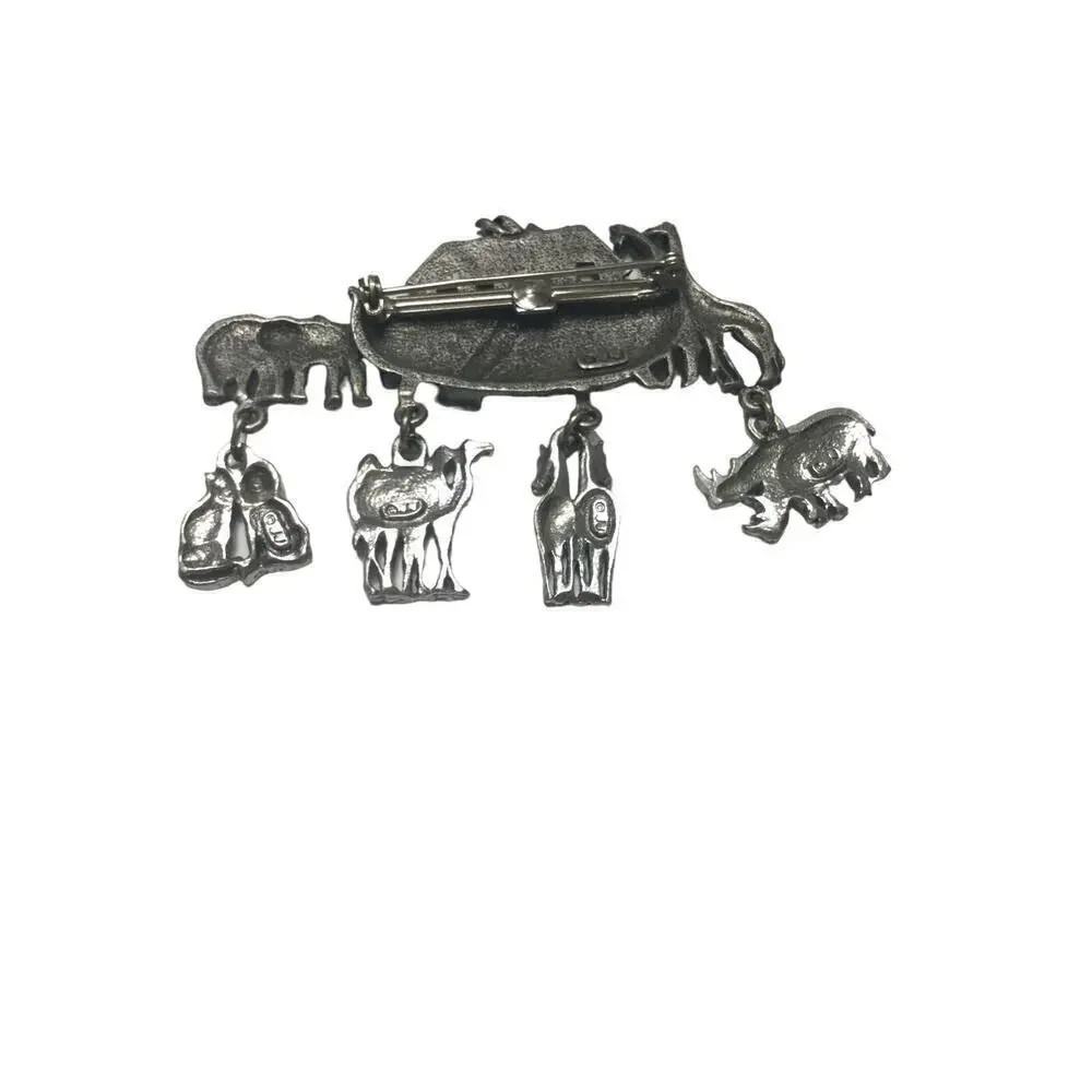 Vtg JJ Noah’s ark brooch pin silver 80s dangle charm lion camel‎ bible Christian